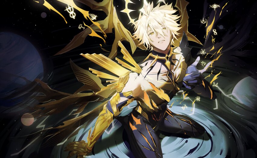 1boy absurdres alternate_form asymmetrical_wings bare_pectorals black_shirt black_wings blonde_hair commentary cracked_skin english_commentary ethenfin hair_between_eyes halo halo_behind_head highres honkai:_star_rail honkai_(series) kneeling male_focus material_growth parted_lips pectorals phainon_(honkai:_star_rail) reflection reflective_water ripples shirt short_hair solo spotlight torn_clothes torn_shirt wings yellow_blood yellow_eyes yellow_wings