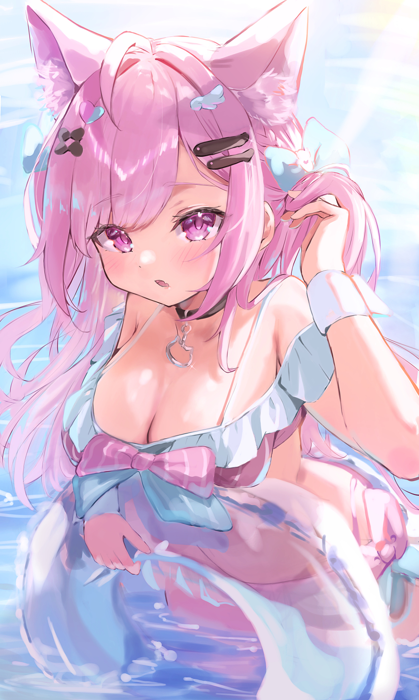 1girl absurdres adjusting_hair ahoge animal_ears bare_shoulders bikini black_choker blue_bow blue_innertube blush bow breasts cat_choker cat_ears cat_girl choker cleavage commentary day extra_ears fang fish_hair_ornament ghost_hair_ornament hair_bow hair_ornament hairclip heart heart_hair_ornament highres holding holding_swim_ring indie_virtual_youtuber innertube large_breasts long_hair looking_at_viewer navel open_mouth outdoors pink_bikini pink_bow pink_eyes pink_hair skin_fang solo striped_bow swim_ring swimsuit thighs virtual_youtuber wading water wing_hair_ornament y&#039;=&#039;y yuuki_sakuna