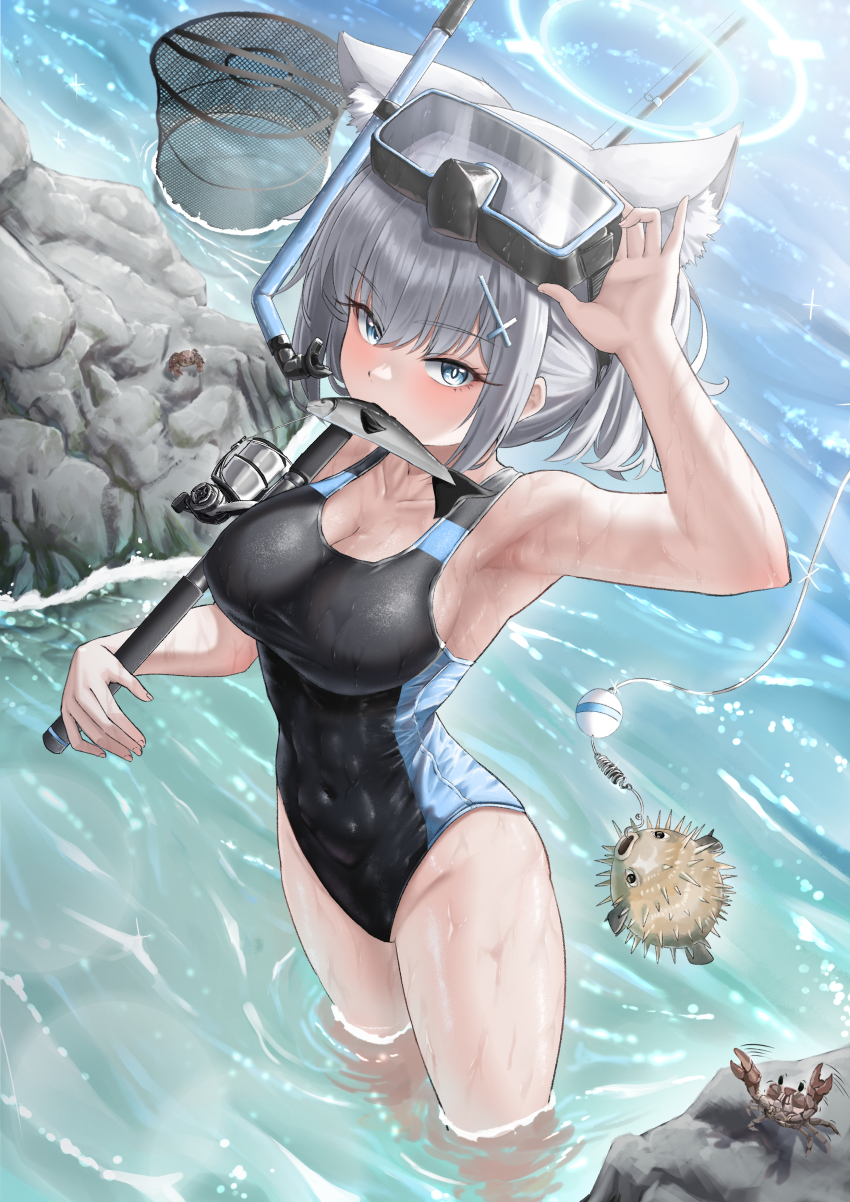 1girl absurdres adult_aongly animal animal_ear_fluff animal_ears arm_up armpits bare_shoulders black_one-piece_swimsuit blue_archive blue_eyes blush breasts competition_swimsuit covered_navel crab cross_hair_ornament day diving_mask diving_mask_on_head extra_ears fish fish_in_mouth food_in_mouth goggles goggles_on_head grey_hair hair_ornament halo highres holding holding_animal holding_fish looking_at_viewer medium_breasts medium_hair mouth_hold multicolored_swimsuit official_alternate_costume one-piece_swimsuit puffer_fish shiroko_(blue_archive) shiroko_(swimsuit)_(blue_archive) snorkel solo standing swimsuit thighs wading water wet wolf_ears