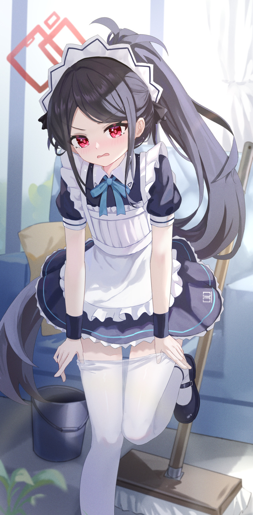 1girl absurdres alternate_costume apron black_dress black_hair black_shoes blue_archive blue_bow blue_bowtie blush bow bowtie bucket collared_dress commentary_request dress embarrassed frilled_apron frilled_dress frills halo highres kei_(blue_archive) long_hair maid maid_apron maid_headdress mary_janes mixian mop number_print open_mouth pantyhose plant ponytail puffy_short_sleeves puffy_sleeves rectangular_halo red_eyes red_halo removing_legwear shoes short_sleeves solo standing standing_on_one_leg white_pantyhose wristband