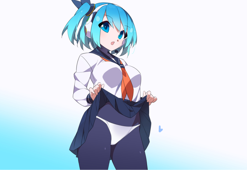 1girl black_bodysuit black_skirt blue_background blue_eyes blue_hair bodysuit bodysuit_under_clothes breasts clothes_lift cowboy_shot gradient_background kaidou_zx medium_breasts mega_man_(series) mega_man_x_(series) mega_man_x_dive neckerchief panties pleated_skirt red_neckerchief rico_(mega_man) shirt side_ponytail simple_background skirt skirt_lift solo underwear white_background white_panties white_shirt