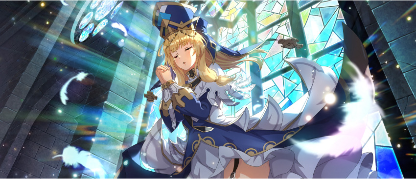 1girl arched_window blonde_hair blue_dress blue_hat blue_veil blunt_bangs cecily_(konosuba) church closed_eyes dress falling_feathers feathers floating_hair from_below game_cg garter_straps gold_trim hair_tie hands_up hat high-low_dress highres indoors interlocked_fingers kono_subarashii_sekai_ni_shukufuku_wo! konosuba!_fantastic_days layered_dress light_rays long_dress long_hair long_sleeves low-tied_sidelocks mitre official_alternate_costume official_art own_hands_clasped own_hands_together parted_lips praying shade side_slit sidelocks solo standing tears thighs two-tone_dress veil white_dress window