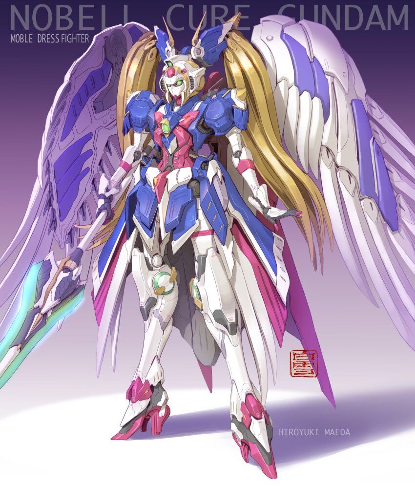 artist_name blonde_hair character_name full_body fusion g_gundam glowing glowing_eyes green_eyes gundam gundam_wing gundam_wing:_endless_waltz highres holding holding_weapon looking_ahead maeda_hiroyuki mecha mechanical_hair nobel_gundam open_hand precure ranguage redesign robot shadow twintails weapon wing_gundam_zero_custom