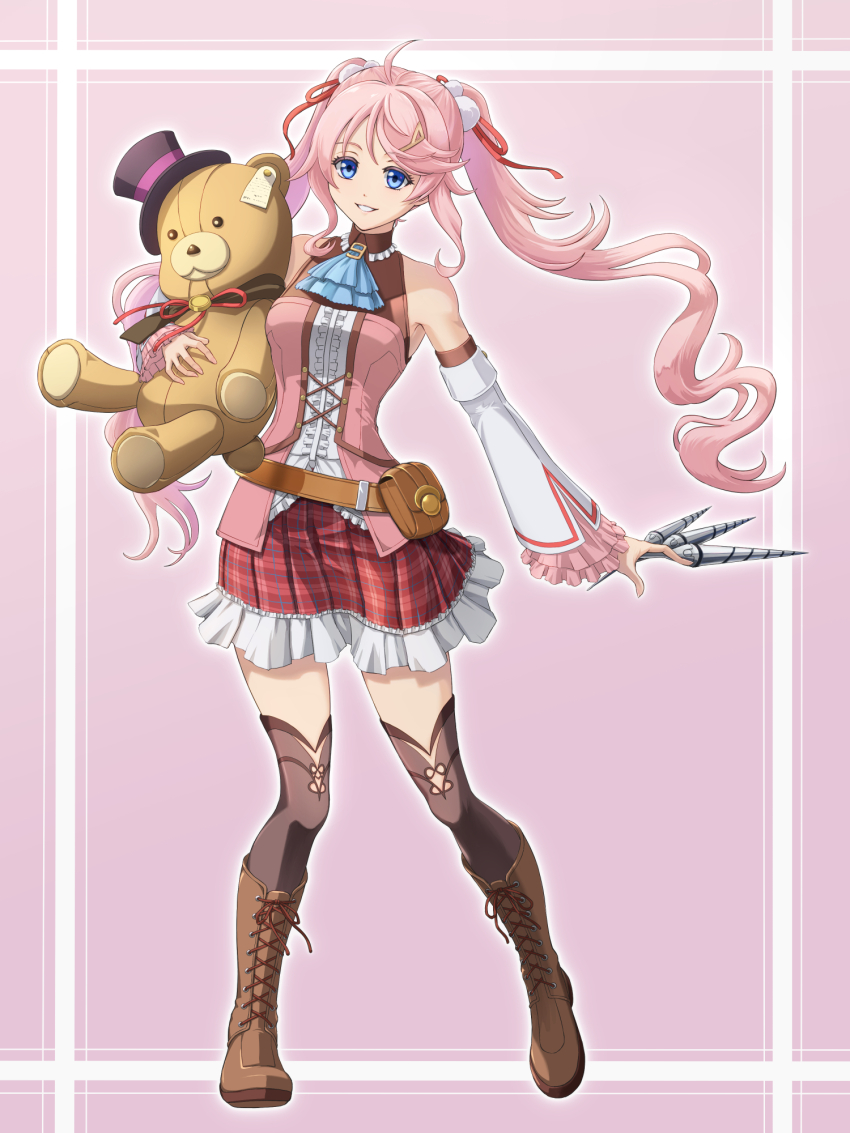1girl belt_pouch blue_eyes boots bow brown_boots chiga_akira dart detached_sleeves eiyuu_densetsu floating_hair frilled_skirt frilled_sleeves frills full_body hair_between_eyes hair_ornament hairclip hajimari_no_kiseki hat highres holding holding_dart holding_stuffed_toy kneehighs long_hair looking_at_viewer mini_hat mini_top_hat nadia_rayne parted_bangs pink_background pink_hair pouch simple_background skirt smile socks solo stuffed_animal stuffed_toy teddy_bear top_hat twintails