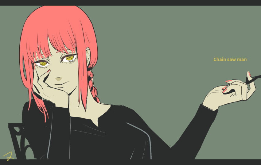 1girl black_dress braid braided_ponytail chainsaw_man commentary copyright_name dress green_background head_rest highres letterboxed long_sleeves makima_(chainsaw_man) matahei pull_cord red_hair red_nails ringed_eyes signature simple_background yellow_eyes