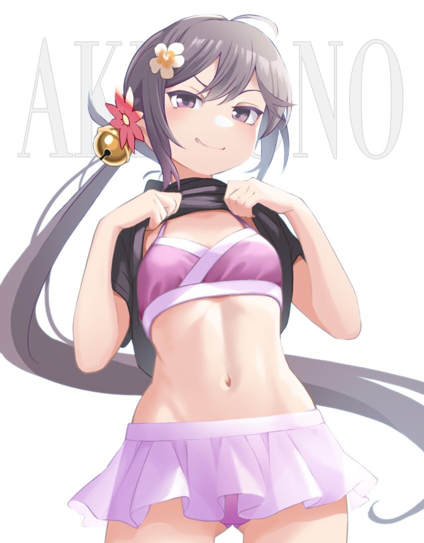 1girl ahoge akebono_(kancolle) akebono_kai_ni_(kancolle) akebono_kai_ni_(swimsuit)_(kancolle) bell bikini black_shirt blush character_name clothes_lift cowboy_shot flower from_below grin hair_bell hair_flower hair_ornament highres jingle_bell kantai_collection long_hair looking_at_viewer looking_down mizoki_kei navel pink_bikini pink_flower purple_eyes purple_hair shirt shirt_lift short_sleeves side_ponytail smile solo swimsuit white_flower