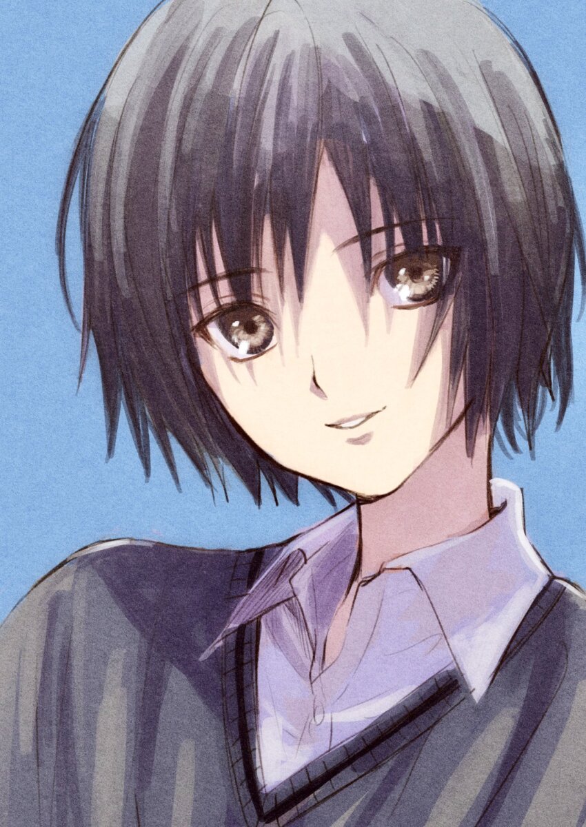 1girl amagami black_eyes black_hair blue_background collared_shirt edaori grey_sweater highres looking_at_viewer nanasaki_ai parted_lips portrait shirt short_hair simple_background solo sweater white_shirt