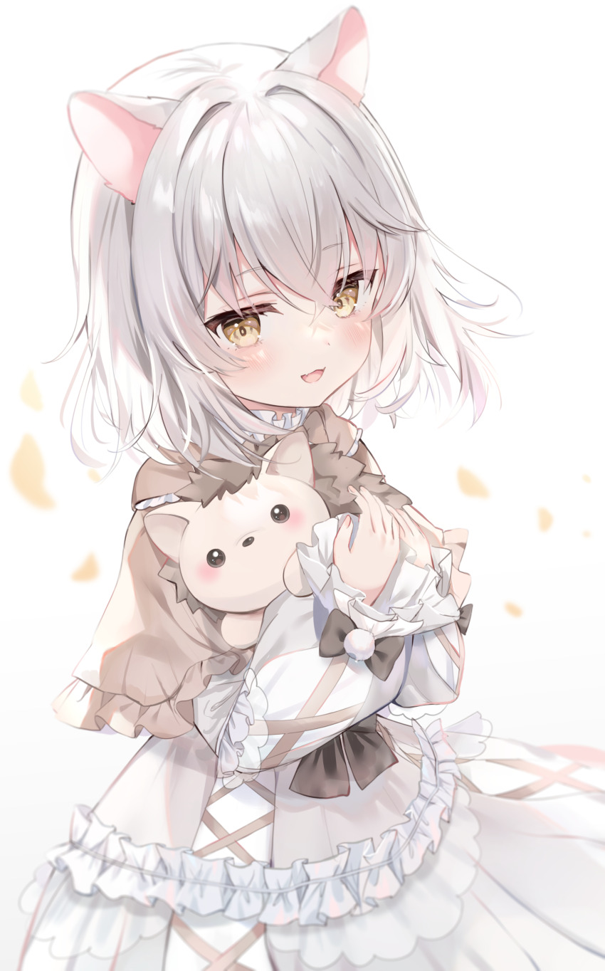 1girl :d absurdres animal_ears blush brown_capelet brown_eyes capelet commentary_request commission dress fang frilled_capelet frilled_dress frills grey_hair hair_between_eyes hair_intakes highres hugging_object long_sleeves looking_at_viewer open_mouth original petals puffy_long_sleeves puffy_sleeves rucaco simple_background skeb_commission sleeves_past_wrists smile solo stuffed_animal stuffed_hedgehog stuffed_toy virtual_youtuber white_background white_dress