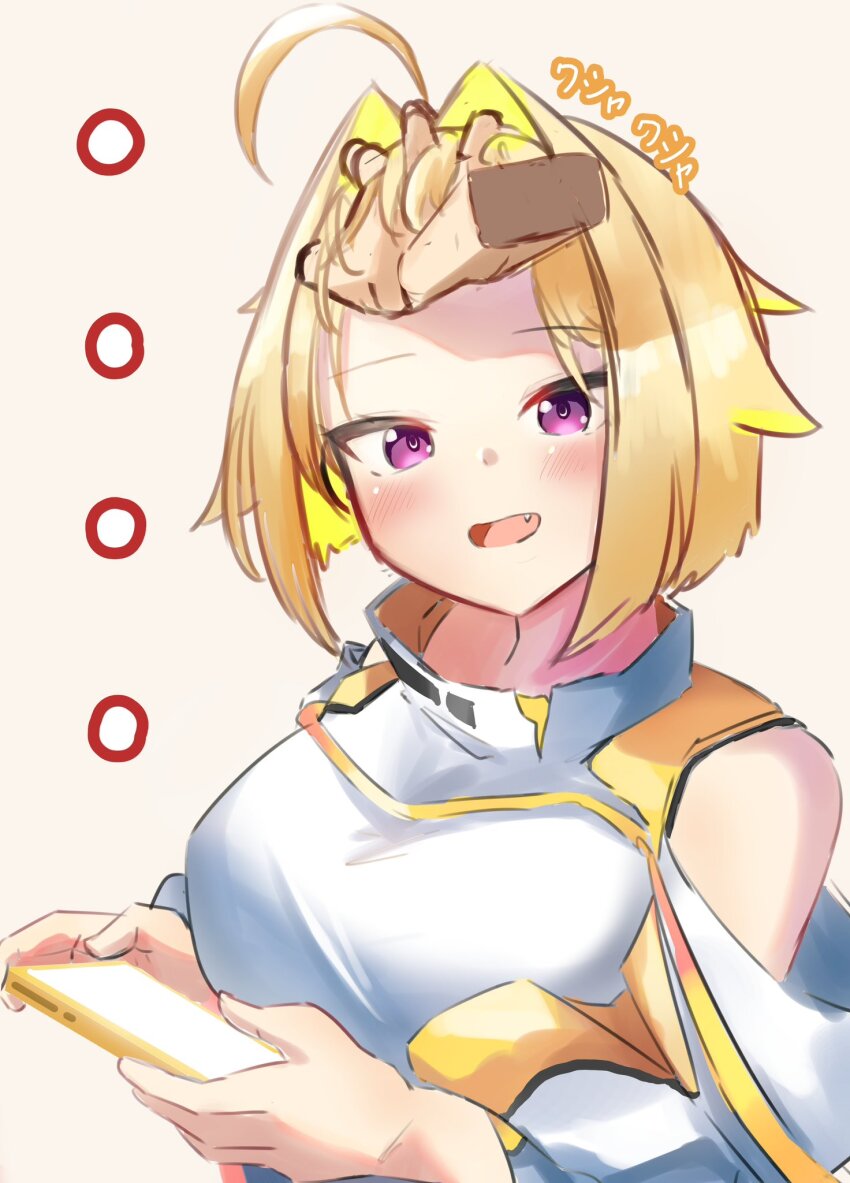 1girl ahoge blonde_hair breasts elegg_(nikke) fang gloves goddess_of_victory:_nikke hair_intakes highres large_breasts long_bangs long_sleeves looking_at_viewer multicolored_hair navel oho_oho open_mouth short_hair simple_background smile solo thigh_strap translation_request two-tone_hair