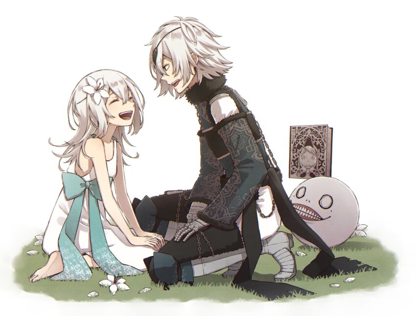 1boy 1girl barefoot brother_and_sister closed_eyes dress emil_(nier) flower full_body gloves grass grimoire_weiss hair_flower hair_ornament highres long_hair nier nier_(brother) nier_(series) open_mouth siblings smile tamakingx422x white_background white_dress white_hair yonah