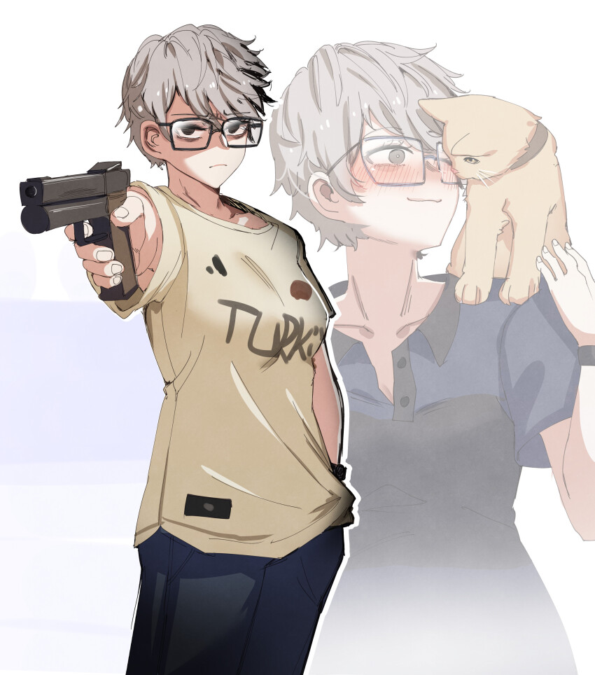 1girl 2024_summer_olympics absurdres at2. black_pants black_shirt blush breasts brown_eyes cat closed_mouth collarbone collared_shirt genderswap genderswap_(mtf) glaring glasses grey_hair gun hand_in_pocket handgun highres holding holding_gun holding_weapon medium_breasts olympics pants real_life rectangular_eyewear shirt short_hair short_sleeves standing t-shirt watch weapon wristwatch yellow_shirt yusuf_dikec yusuf_dikec_(meme)