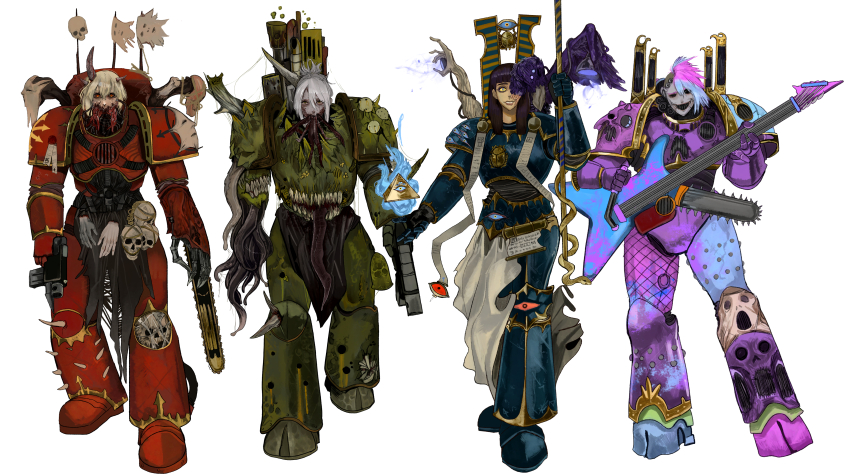 4girls absurdres adeptus_astartes armor black_hair black_sclera blue_armor body_horror bolt_pistol breastplate chainsaw_guitar chaos_(warhammer) chaos_space_marine claws colored_sclera eight-pointed_star emperor&#039;s_children extra_arms extra_eyes extra_mouth flayed_skin genderswap genderswap_(mtf) green_armor guitar highres holding holding_staff horns instrument khorne_(cult) kkghost_tv leg_armor multiple_girls noise_marines pauldrons pink_armor pink_hair power_armor psyker red_armor red_eyes scarab scroll shoulder_armor slaanesh_(cult) spiked_armor staff tentacle_arm tentacle_mouth thousand_sons tzeentch_(cult) warhammer_40k white_background white_hair