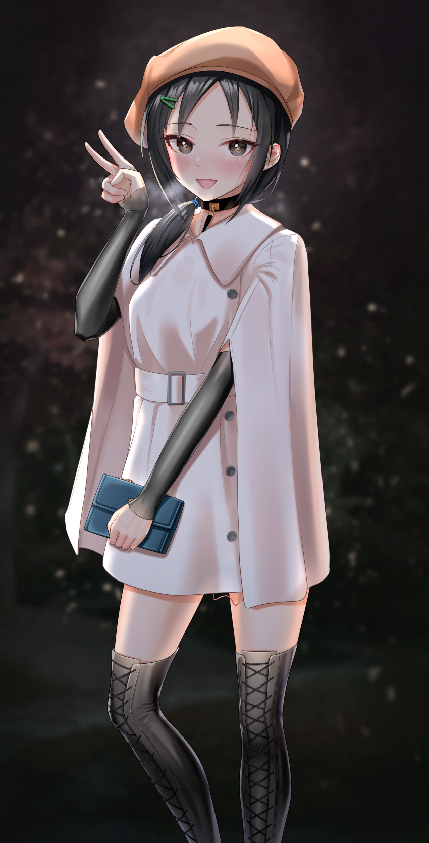 1girl :d absurdres aoki_kei bag black_boots black_eyes black_hair blush boots breasts breath cable choker detached_sleeves dress feet_out_of_frame hair_ornament hairclip hear_(kpmf4732) highres holding holding_bag idolmaster idolmaster_cinderella_girls lace-up_boots looking_at_viewer medium_breasts open_mouth sex_toy short_dress short_hair smile solo thigh_boots thighhighs trainer_(idolmaster) v vibrator vibrator_cord white_dress