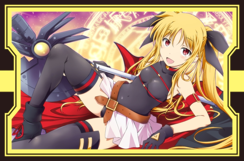 1girl armlet bardiche_(axe_form)_(nanoha) bardiche_(nanoha) belt belt_bra black_boots black_gloves black_leotard black_ribbon black_thighhighs blonde_hair boots border breasts brown_belt cape commentary_request fate_testarossa fate_testarossa_(movie_1st_form) gloves hair_ribbon halterneck highres holding holding_weapon iwami_kyuuto jewelry leotard long_hair looking_at_viewer lying lyrical_nanoha magic_circle magical_girl mahou_shoujo_lyrical_nanoha mahou_shoujo_lyrical_nanoha_a&#039;s mahou_shoujo_lyrical_nanoha_the_movie_2nd_a&#039;s miniskirt on_back open_mouth pink_skirt pleated_skirt red_eyes ribbon skirt small_breasts smile solo thighhighs twintails unworn_cape very_long_hair weapon yellow_border