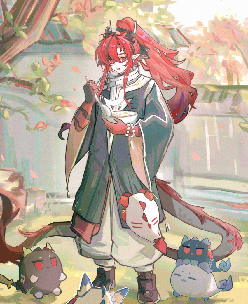 1boy :d annotated arknights beads black_hair bowl chinese_commentary chongyue_(arknights) coat commentary_request dragon_bubble_(arknights) dusk_(arknights) earrings full_body grey_coat hair_between_eyes hair_intakes highres holding holding_bowl holding_spoon horns jewelry ling_(arknights) long_hair male_focus multicolored_hair nian_(arknights) open_mouth pointy_ears ponytail purple_hair red_eyes red_hair shang_ge_promax shu_(arknights) smile solo spoon standing streaked_hair tail wide_sleeves yu_(arknights)