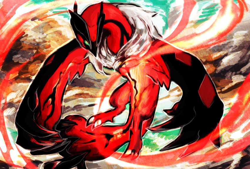 10s claws flying gen_6_pokemon glowing green_eyes legendary_pokemon mayugoso monster nintendo no_humans pokemon pokemon_(creature) pokemon_xy sky solo tail yveltal