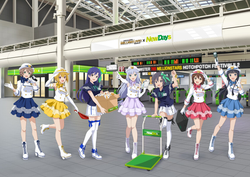 6+girls absurdres black_eyes black_hair blue_eyes blue_hair boots box brown_hair buttons cardboard_box elbow_gloves english_text gloves green_eyes hat high_heel_boots high_heels highres holding ibuki_tsubasa idolmaster idolmaster_million_live! idolmaster_million_live!_(anime) japanese_text kasuga_mirai kikuchi_makoto kisaragi_chihaya mogami_shizuka multiple_girls official_art pointing promotional_art sakuramori_kaori shiraishi_tsumugi skirt thighhighs tile_floor tiles white_hair white_thighhighs yellow_eyes