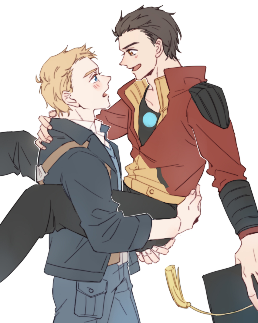 2boys animification arc_reactor avengers_(series) avengers_academy black_hair black_jacket black_pants black_shirt blonde_hair blue_eyes blue_pants blue_sweater_vest blush brown_eyes carrying carrying_person chinese_commentary collared_shirt commentary_request cowboy_shot denim feet_out_of_frame fingernails highres holding jacket lapels long_sleeves looking_at_another male_focus marvel multiple_boys open_clothes open_jacket open_mouth pants pocket red_jacket shirt short_hair simple_background smile standing steve_rogers sweater_vest t-shirt tassel tony_stark white_background white_shirt yaoi yizilu699