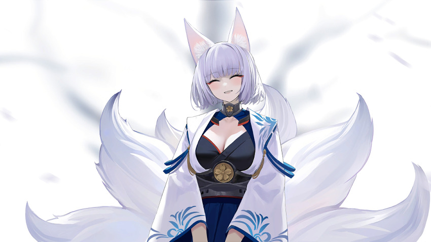1girl animal_ears azur_lane blunt_bangs breasts choker cleavage closed_eyes fox_ears fox_girl fox_tail game_cg highres japanese_clothes kaga_(azur_lane) kimono kitsune kyuubi long_sleeves medium_breasts medium_eyebrows multiple_tails non-web_source official_art open_mouth short_hair solo tail white_hair wide_sleeves withered