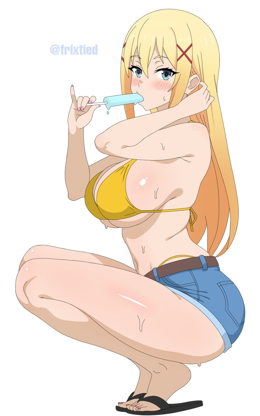 1girl absurdres adjusting_hair alternate_costume bikini blonde_hair blue_eyes blue_shorts blush breasts darkness_(konosuba) denim denim_shorts feet food food_in_mouth frixtied from_side full_body hair_ornament hands_up highres kono_subarashii_sekai_ni_shukufuku_wo! large_breasts long_hair looking_at_viewer navel pink_nails popsicle popsicle_in_mouth sandals short_shorts shorts simple_background solo squatting string_bikini sweat swimsuit thighs twitter_username white_background x_hair_ornament yellow_bikini