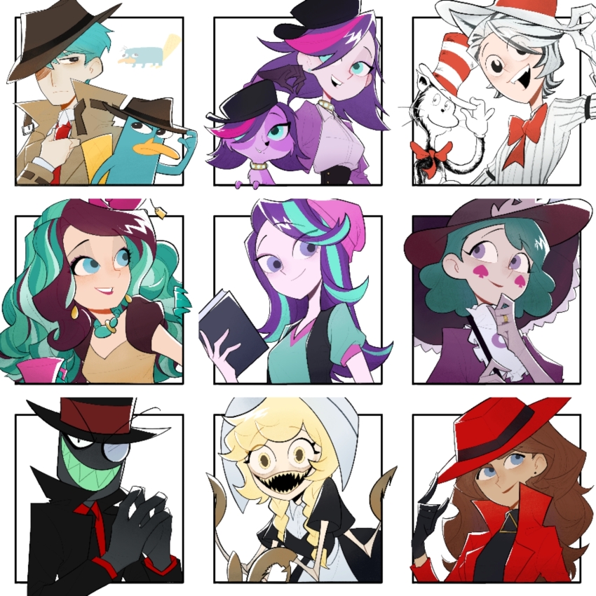 3boys 6+girls :d adjusting_clothes adjusting_headwear adjusting_necktie apron aqua_hair aqua_shirt beanie big_hair black_eyes black_gloves black_hair black_hat black_jacket black_mouth black_shirt blonde_hair blue_eyes blue_hair book bow bowtie braid breasts brown_coat brown_hair brown_hat buttons calx character_request cheek_tattoo closed_mouth coat collared_coat collared_shirt colored_teeth commentary copyright_request cropped_jacket cup earrings ever_after_high extra_arms eyeshadow fewer_digits flipped_hair frilled_umbrella frills from_below gloves green_hair green_teeth grey_gloves grin hair_behind_ear hair_over_one_eye hand_on_own_chin hat hat_tip highres holding holding_book holding_umbrella jacket jewelry littlest_pet_shop long_sleeves maddy_hatter makeup medium_hair monocle multicolored_hair multiple_boys multiple_girls my_little_pony my_little_pony:_equestria_girls my_little_pony:_friendship_is_magic necktie one_eye_covered open_clothes open_coat open_jacket open_mouth perry_the_platypus personification phineas_and_ferb pink_eyeshadow pink_hair pink_hat pink_lips pink_trim puffy_short_sleeves puffy_sleeves purple_eyes purple_hair purple_jacket purple_shirt red_bow red_bowtie red_hat red_jacket red_necktie red_trim sharp_teeth shirt shirt_tucked_in short_hair short_sleeves simple_background sleeveless sleeveless_jacket small_breasts smile spade_(shape) spade_tattoo starlight_glimmer starlight_glimmer_(equestria_girls) steepled_fingers streaked_hair striped_clothes striped_shirt tattoo teacup teeth the_cat_in_the_hat the_cat_in_the_hat_(character) toon_(style) top_hat twin_braids two-tone_hair umbrella upper_body upper_teeth_only v-neck v-shaped_eyebrows vertical-striped_clothes vertical-striped_shirt waist_apron wavy_hair white_apron white_background white_gloves white_hair white_hat yellow_eyes zoe_trent