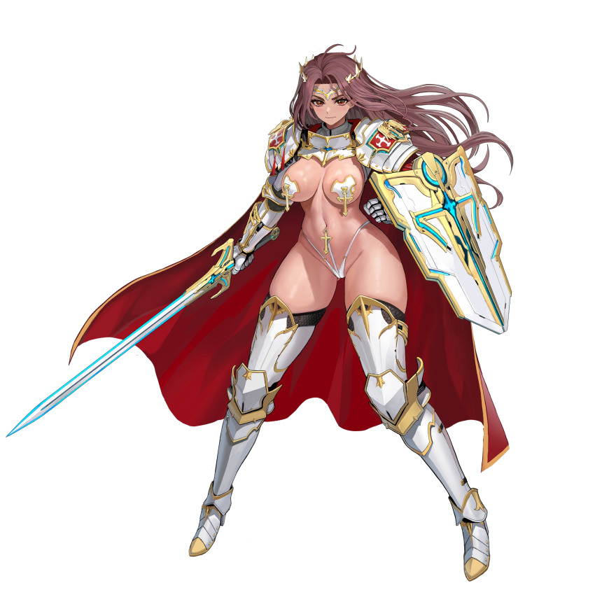 1girl ahoge arm_shield armor armored_boots bikini_armor boots breasts cape circlet couter covered_erect_nipples cross cuisses dark-skinned_female dark_skin ear_piercing female_knight full_body g-string game_cg gauntlets gluteal_fold gold_trim gorget greaves highres holding holding_sword holding_weapon knight large_breasts last_origin light_smile linea_alba lips long_hair looking_at_viewer machinery naked_armor navel navel_piercing nipple_piercing o-ring o-ring_bottom official_alternate_costume official_art partially_visible_vulva pauldrons piercing poleyn prester_johanna red_cape red_eyes red_hair rerebrace revealing_clothes sabaton shield shoulder_armor skindentation solo sword tabard tachi-e taesi thick_eyebrows thick_thighs thighs thong transparent_background vambraces very_long_hair warrior weapon white_armor white_pasties