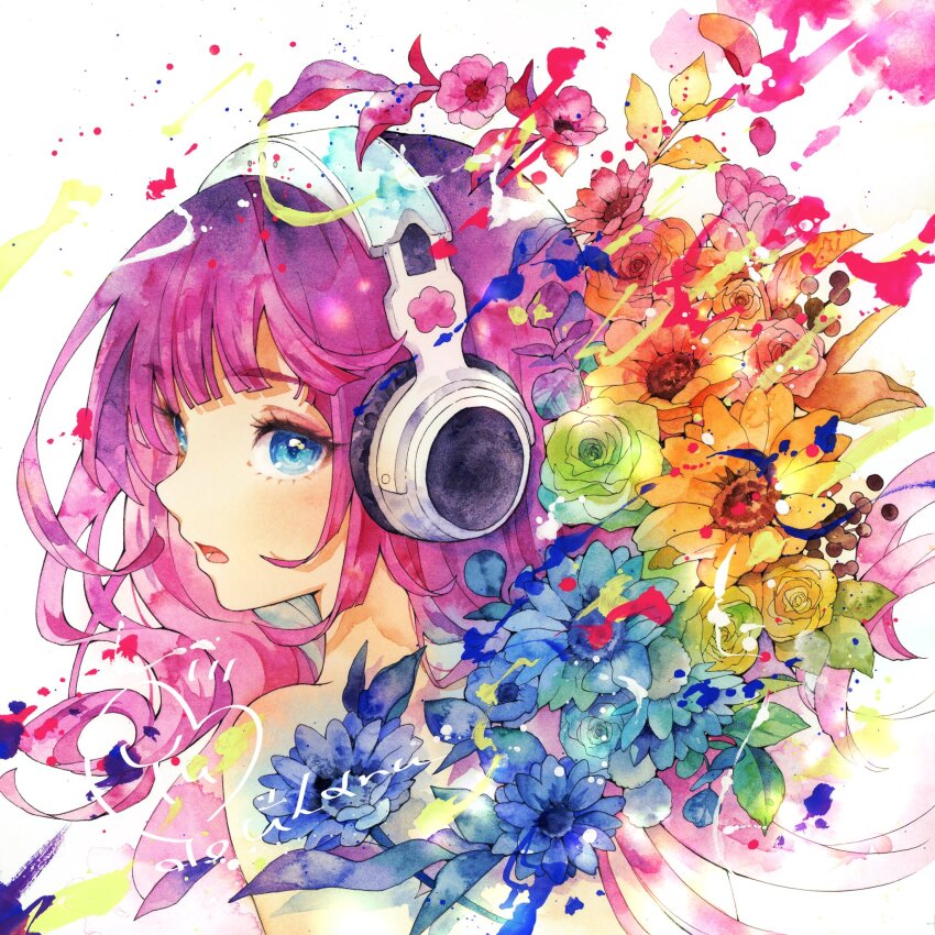 1girl artist_name blue_eyes blue_flower choppy_bangs commentary cropped_torso english_commentary flower flower_request gradient_hair green_flower green_rose headphones highres long_hair looking_at_viewer looking_back mixed-language_commentary multicolored_flower multicolored_hair multicolored_rose nose open_mouth orange_flower original painting_(medium) pink_flower pink_hair purple_hair red_flower red_rose rose solo traditional_media watercolor_(medium) white_background yellow_flower yuyuharu_1027