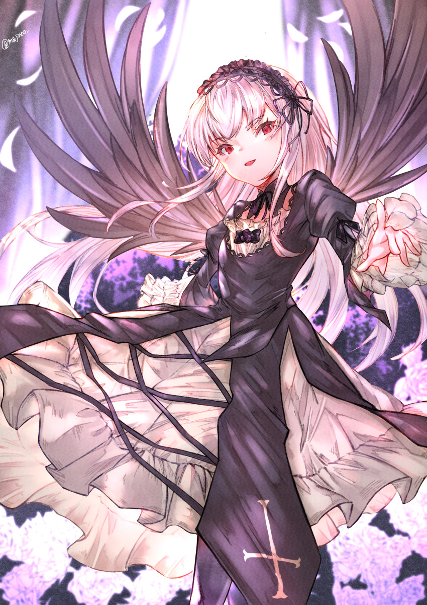 1girl absurdres black_dress black_wings dress feathered_wings goth_fashion gothic_lolita hairband highres lolita_fashion long_hair looking_at_viewer majinno pointing pointing_at_viewer red_eyes rozen_maiden solo suigintou white_hair wings
