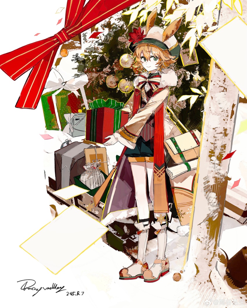 absurdres arknights artist_name bag black_shorts blonde_hair boots bow bowtie brown_eyes brown_vest buqiyong christmas christmas_ornaments christmas_present christmas_tree dated ears_through_headwear gift hat highres jacket knee_boots leonhardt_(arknights) leonhardt_(hope_cruise)_(arknights) looking_at_viewer open_clothes open_jacket rabbit_boy satchel short_hair shorts smile standing vest white_boots