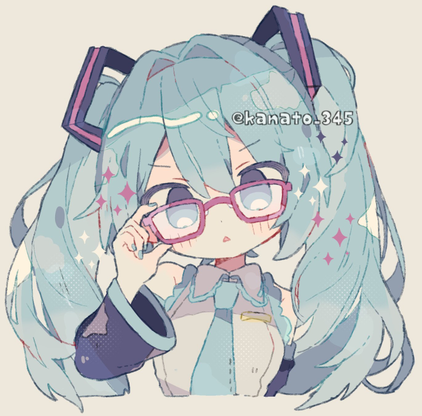 1girl adjusting_eyewear aqua_eyes aqua_hair aqua_nails aqua_necktie aqua_trim black_sleeves collared_shirt commentary_request cropped_torso detached_sleeves glasses grey_background grey_shirt hair_between_eyes hair_intakes hatsune_miku highres kanamochi_kanato long_hair looking_at_viewer necktie open_mouth shirt simple_background sleeveless sleeveless_shirt solo sparkle triangle_mouth twintails v-shaped_eyebrows vocaloid