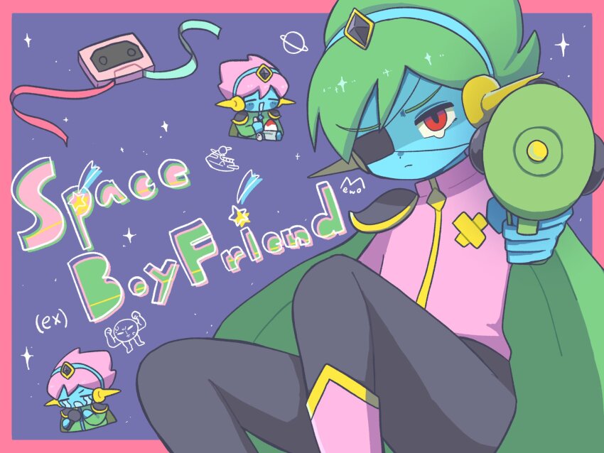 1boy black_pants blue_skin cape captain_spaceboy character_name closed_eyes closed_mouth colored_skin eyepatch food green_cape green_hair highres long_sleeves looking_at_viewer male_focus mewowem_omo mixtape_(omori) omori pants pink_hair pluto_(omori) red_eyes shaved_ice short_hair solo