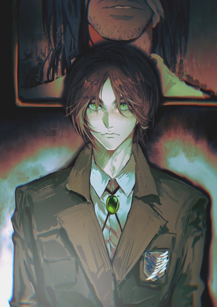 1boy beard_stubble bolo_tie brown_hair brown_jacket collared_shirt eren_yeager erenjaeger47993 facial_hair green_eyes hair_between_eyes highres jacket male_focus parted_bangs picture_frame portrait shingeki_no_kyojin shirt short_hair solo stubble suit_jacket survey_corps_(emblem) upper_body white_shirt