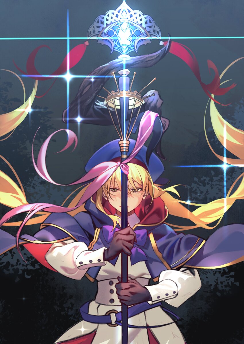 1girl absurdres artoria_caster_(fate) artoria_caster_(second_ascension)_(fate) artoria_pendragon_(fate) belt black_background black_gloves blonde_hair blue_belt buttons closed_mouth collared_shirt fate/grand_order fate_(series) gloves green_eyes highres hiro_(hirohiro_gorira) long_hair long_sleeves shirt skirt staff white_shirt white_skirt