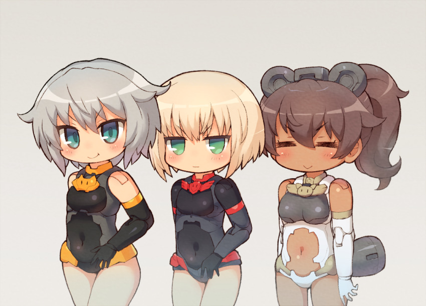 30_minutes_sisters 3girls ^_^ animal_ears bear_ears black_leotard blonde_hair blue_eyes blush breasts brown_hair chibi closed_eyes clothing_cutout dark-skinned_female dark_skin fake_animal_ears green_eyes grey_hair leotard luluce_(30ms) medium_breasts multiple_girls ponytail rishetta_(30ms) sankuma short_hair small_breasts smile stomach_cutout thrusters tiasha_(30ms) v-shaped_eyebrows white_leotard