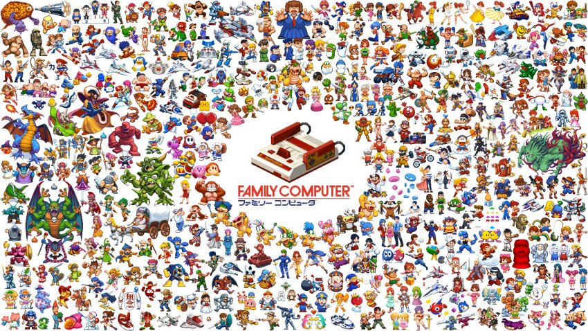1980s_(style) 6+boys absolutely_everyone adol_christin air_man ana_(mother) armor asamiya_athena athena_(series) billy_lee birdo bowser bubble_bobble cape character_request cloud_of_darkness company_connection contra copyright_request dig_dug disk-kun double_dragon dr._mario dr._mario_(game) dragon_quest dragon_quest_i dragon_quest_ii dragon_quest_iii dragon_quest_iv dress duck_hunt everyone excitebike fake_horns feena_(ys) final_fantasy final_fantasy_ii final_fantasy_iii firion gadabout_(dq3) ganbare_goemon gloves goemon helmet hero_(dq1) highres holding holding_sword holding_weapon horned_helmet horns ice_climber jimmy_lee kid_icarus kiki_kaikai kiki_kaikai_(series) king_dedede kirby kirby_(series) kunio-kun_series link little_mac lloyd_(mother) long_hair luigi mage_(dq3) makaimura maria_(ff2) mario mario_(series) marth_(fire_emblem) martial_artist_(dq3) mega_man_(character) mega_man_(classic) mega_man_(series) mega_man_2 merchant_(dq3) metal_gear_(series) metroid mother_(series) mother_1 multiple_boys multiple_girls ninten nintendo oldschool onion_knight open_mouth orange_hair pit_(kid_icarus) pixel_art pixelflag priest_(dq3) princess_laura princess_peach r.o.b. red_cape retro_artstyle roll_(mega_man) roto_(dq3) sage_(dq3) samus_aran shoulder_armor simple_background sir_arthur_(makaimura) smile solid_snake space_harrier space_invaders super_mario_bros._2 sword takahashi_meijin takahashi_meijin_no_bouken_jima teddy_(mother) the_legend_of_zelda tiara toad_(mario) torneko valkyrie_(vnd) valkyrie_no_densetsu warrior_(dq3) warrior_of_light_(ff1) weapon white_background white_mage_(final_fantasy) ys