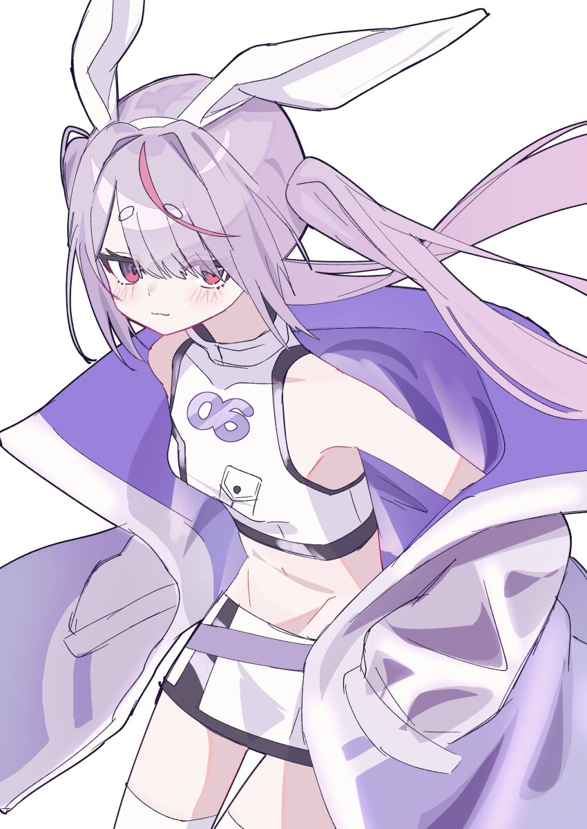 1girl :3 absurdres animal_ear_hairband animal_ears bare_shoulders cattleya_regina_games coat crop_top cropped_shirt fake_animal_ears hair_intakes hairband hand_in_pocket highres midriff miniskirt multicolored_hair navel purple_hair rabbit_ears red_eyes shimoyake_(lethal_penguin) shirt simple_background sketch skirt sleeveless sleeveless_shirt solo streaked_hair thick_eyebrows thighhighs tosaki_mimi twintails virtual_youtuber vspo! white_background white_shirt white_skirt white_thighhighs