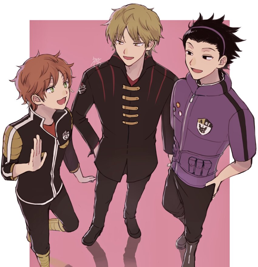3boys black_eyes black_hair black_jacket black_pants black_shoes blonde_hair boots erinan full_body green_eyes highres izumi_kouhei jacket looking_at_another male_focus midorikawa_shun multiple_boys open_mouth orange_hair pants pink_background purple_jacket red_shirt shirt shoes short_hair signature smile v-neck waving world_trigger yellow_boots yellow_eyes yoneya_yousuke