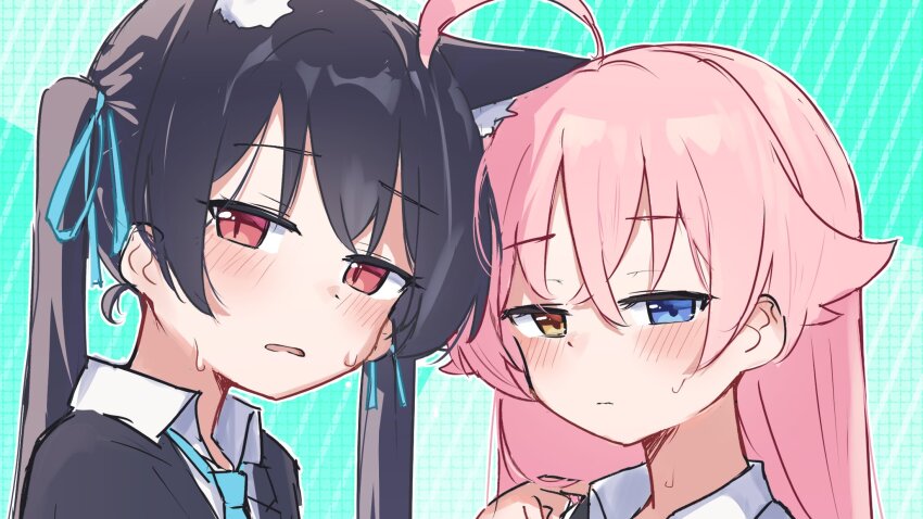 2girls ahoge animal_ear_fluff animal_ears aqua_background black_hair blue_archive blue_eyes blue_necktie blue_ribbon cat_ears cat_girl collared_shirt extra_ears hair_between_eyes hair_ribbon highres hoshino_(blue_archive) ikafriiiii long_hair looking_at_viewer multiple_girls necktie no_halo pink_hair red_eyes ribbon serika_(blue_archive) shirt simple_background sweatdrop twintails yellow_eyes
