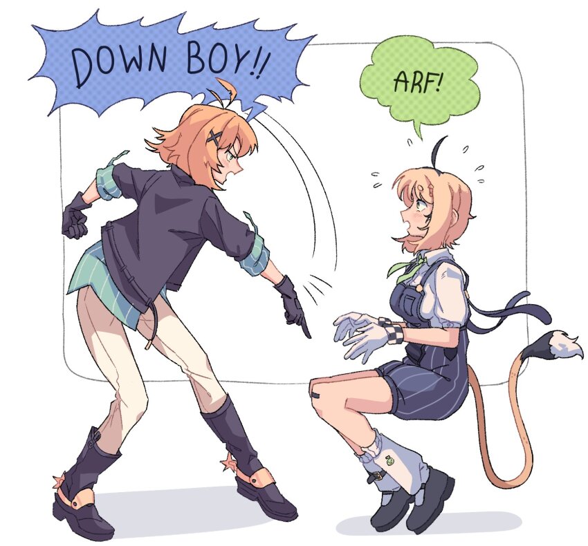 addendium ahoge black_gloves blonde_hair blue_overalls blush boots dokibird_(vtuber) dokibird_(vtuber)_(bounty_hunter) dooby_(vtuber) down_boy!!_(meme) gloves green_eyes hair_ornament highres indie_virtual_youtuber jacket loose_socks medium_hair meme open_mouth overalls pants shirt short_hair socks spurs tail virtual_youtuber white_background white_gloves