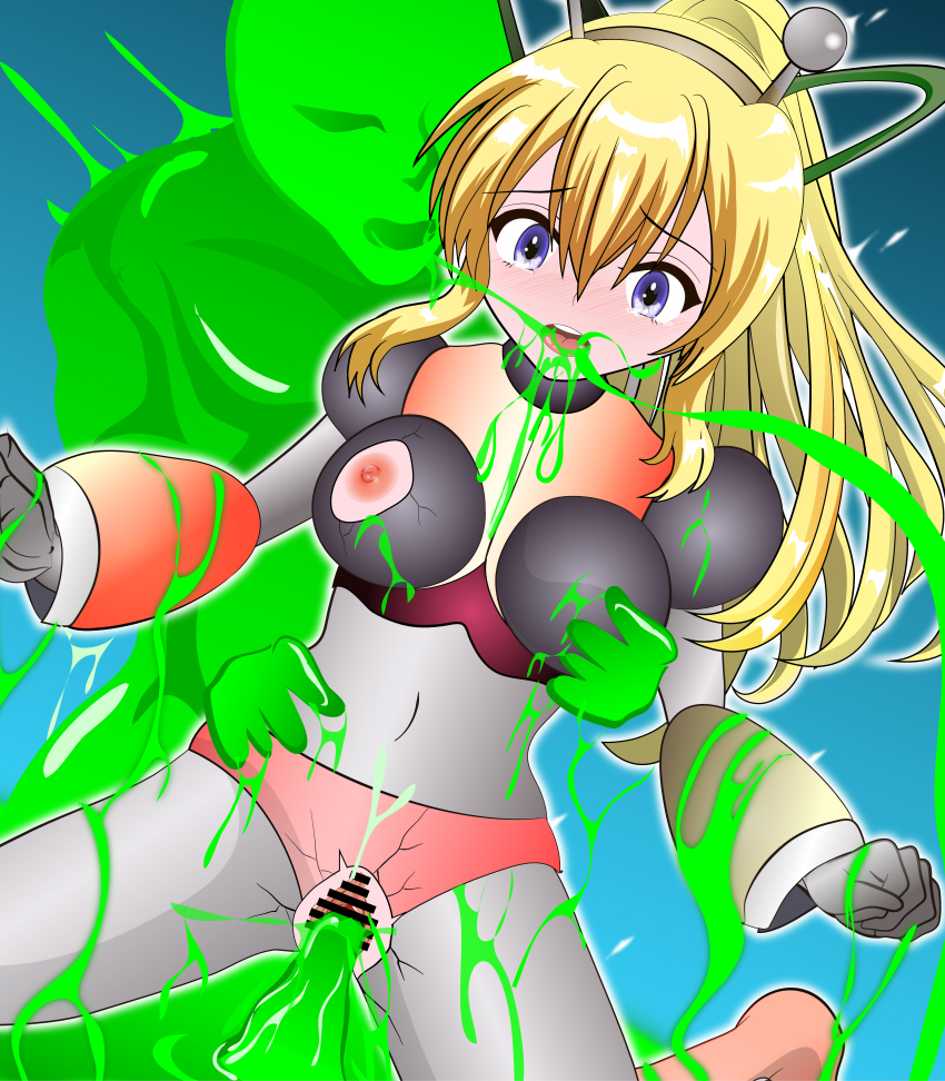 1girl absurdres antennae armor armored_gloves arms_up bikini_armor blonde_hair blue_eyes breasts broken_armor erection green_ribbon hair_ribbon hairband headphones highres hyper_roll_(marvel_vs._capcom) joints large_breasts long_hair marvel_vs._capcom mechanical_arms mechanical_legs mega_man_(classic) mega_man_(series) nipples ns2studio penis ponytail radio_antenna red_armor ribbon robot robot_girl robot_joints roll_(mega_man) sex sex_from_behind shoulder_armor sidelocks slime_(creature) smile vaginal