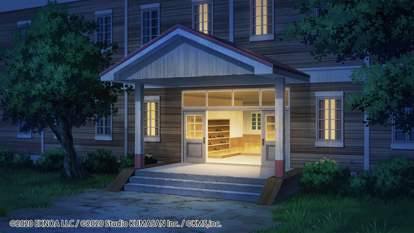 2020 bush company_name dark door entrance grass light mist_train_girls night no_humans ono_tomohiro original scenery sliding_doors stairs tree window wooden_beam wooden_wall