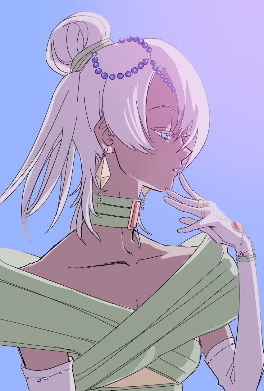 1boy blue_eyes choker commentary commentary_request crossdressing dark-skinned_male dark_skin dress earrings elbow_gloves gloves grey_hair gundam hair_over_one_eye highres jewelry laura_rolla long_hair loran_cehack male_focus sasakig simple_background solo trap turn_a_gundam upper_body white_gloves white_hair