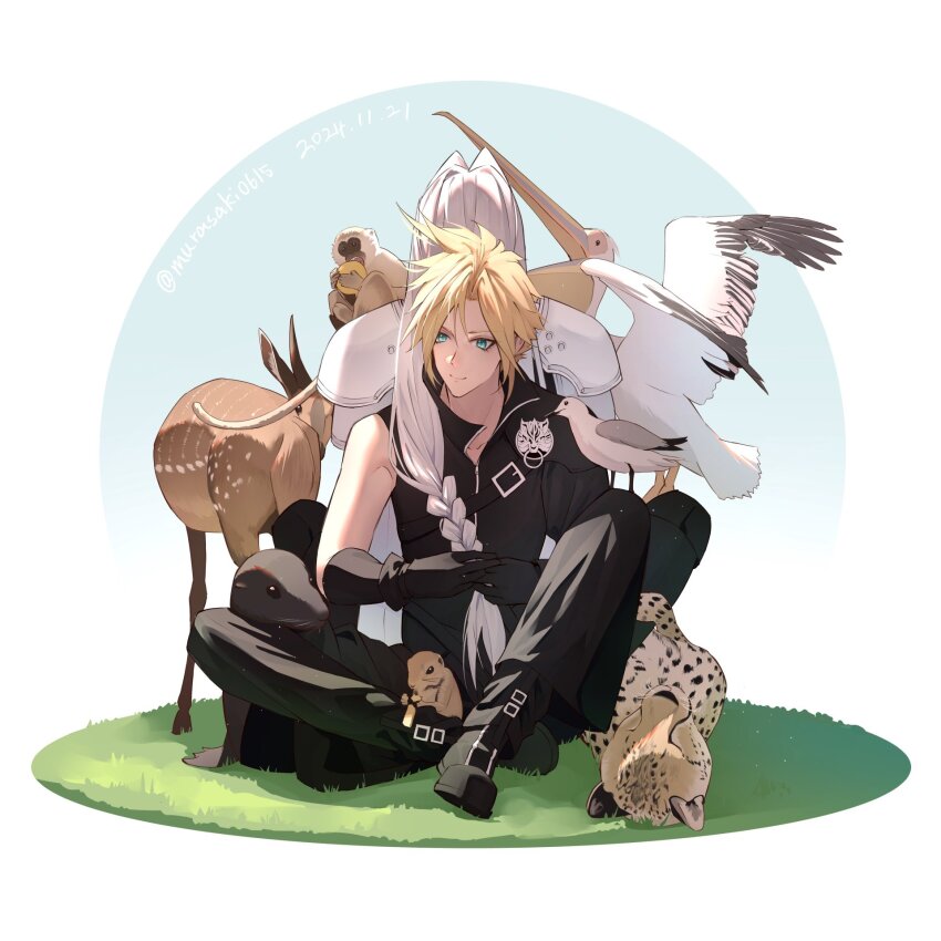 2boys alternate_hairstyle animal animal_on_lap animal_on_shoulder armor asymmetrical_sleeves back-to-back bird black_eyes black_footwear black_gloves black_pants black_vest blonde_hair blue_eyes blue_sky boots braid cat cheetah clear_sky closed_eyes cloud_strife crossed_legs dated deer eating final_fantasy final_fantasy_vii final_fantasy_vii_advent_children food fruit full_body gloves gopher_(animal) grey_hair hands_up high_collar highres holding holding_another&#039;s_hair holding_food holding_fruit light_smile long_hair looking_down low-tied_long_hair lying male_focus monkey multiple_boys on_back on_grass on_lap open_mouth outdoors pants pauldrons pelican sephiroth short_hair shoulder_armor shoulder_strap single_braid single_pauldron sitting sky spiked_hair spread_wings toned toned_male twitter_username vest waist_cape zi_(murasaki0615)