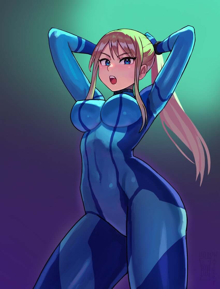 1girl absurdres arms_up blonde_hair blue_bodysuit blue_eyes bodysuit breasts covered_navel highres large_breasts long_hair looking_at_viewer metroid nintendo open_mouth ponytail samus_aran solo teeth upper_teeth_only watcher_hollow zero_suit