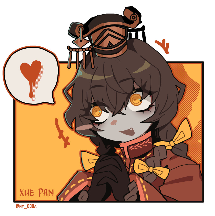1boy blush_stickers bow braid brown_hair chinese_clothes fang guan_hat hair_bow heart highres limbus_company long_hair mian_guan multiple_braids ny_000a open_mouth orange_background orange_eyes project_moon simple_background single_blush_sticker smile solo spoken_heart twin_braids very_long_hair xue_pan_(project_moon) yellow_bow