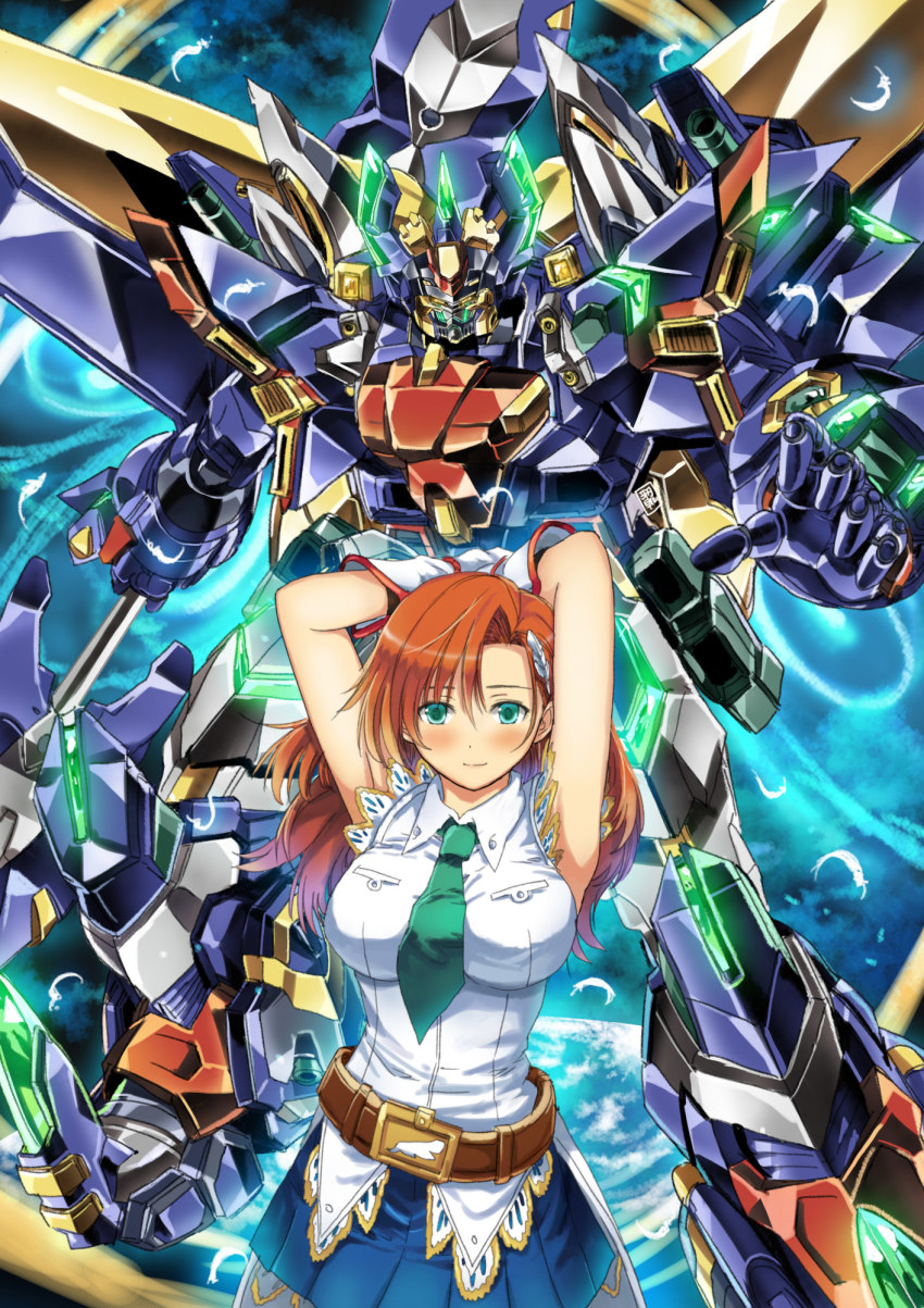 armpits arms_behind_head bad_id bad_pixiv_id breasts cliana_rimskaya forte_gigas garimpeiro glowing glowing_eyes green_eyes green_neckwear highres holding holding_lance holding_polearm holding_weapon lance large_breasts looking_at_viewer mecha medium_hair necktie open_hand orange_hair planet polearm robot science_fiction short_necktie space super_robot_wars super_robot_wars_destiny weapon yellow_eyes