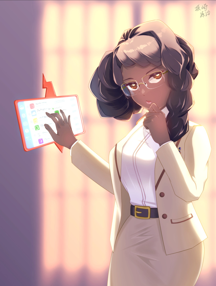 1girl belt black_belt blurry blurry_background braid bright_pupils brown_eyes brown_hair buttons chalce_(pokemon) closed_mouth dark_skin glasses hands_up highres jacket long_hair long_sleeves nintendo open_clothes open_jacket pokemon pokemon_(anime) pokemon_horizons sakazaki_genji shirt skirt solo tablet_pc white_pupils white_shirt