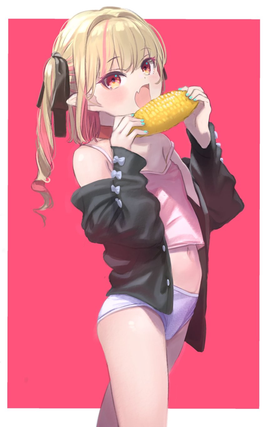 1girl aqua_nails bare_shoulders black_cardigan black_ribbon blush border camisole cardigan collar corn corn_cob cowboy_shot fang flat_chest food grey_hair hair_ribbon highres holding holding_food looking_at_viewer magenta_background makaino_ririmu multicolored_hair nail_polish navel nijisanji no_pants off_shoulder open_cardigan open_clothes open_mouth panties pink_background pink_camisole pink_hair pointy_ears red_collar red_eyes ribbon sabamen skin_fang solo strap_slip streaked_hair twintails two-tone_hair underwear virtual_youtuber white_border white_panties