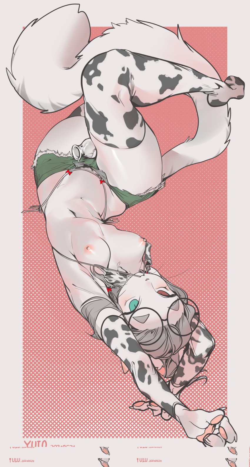 1girl animal_ear_fluff animal_ears animal_hands animal_nose animal_print armpits arms_up artist_name bangs_pinned_back between_legs bikini bikini_top_lift black-framed_eyewear blush body_fur border bottle breasts cat_ears cat_girl cat_tail claws closed_mouth clothes_lift cow_print dated detached_sleeves eyewear_on_head female_focus forehead full_body furry furry_female glasses glitch green_eyes green_shorts grey_hair happy heterochromia highleg highleg_bikini highres knee_up lifting_own_clothes looking_at_viewer lying micro_shorts milk milk_bottle mouth_hold navel nipples on_back open_fly original outside_border pawpads print_bikini print_sleeves red_background red_eyes round_eyewear shiny_skin short_hair shorts sidelocks signature simple_background skindentation slit_pupils small_breasts smile solo sona_(yuio58ok) stomach stretching swimsuit tail thick_thighs thighhighs thighs unzipped upside-down whiskers white_border white_fur wide_hips yuio58ok