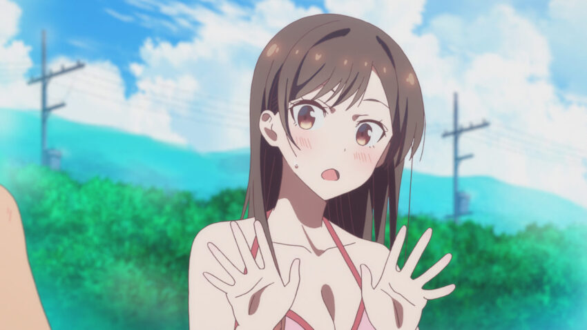 1boy 1girl anime_screenshot bare_shoulders bikini blue_sky blush breasts brown_eyes brown_hair cleavage cloud cloudy_sky collarbone hands_up kanojo_okarishimasu long_hair looking_at_viewer mizuhara_chizuru official_art open_mouth outdoors pink_bikini power_lines sky small_sweatdrop solo_focus swimsuit utility_pole